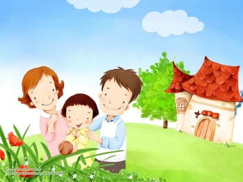 lovely_illustration_of_parents_daughter_watching_snail_on_leaf_wallcoo-com